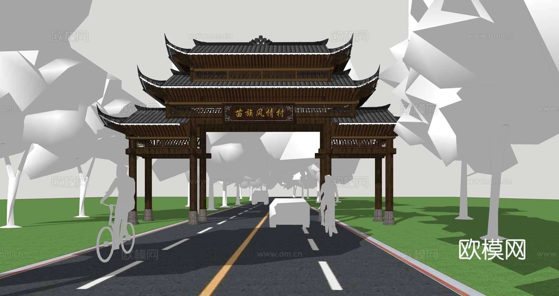 新中式古建 仿古 苗族门头 乡村牌坊大门su模型