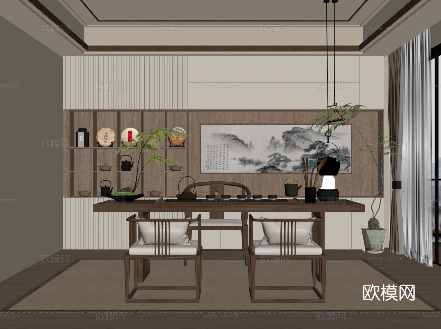 新中式茶室 茶柜 茶桌椅su模型