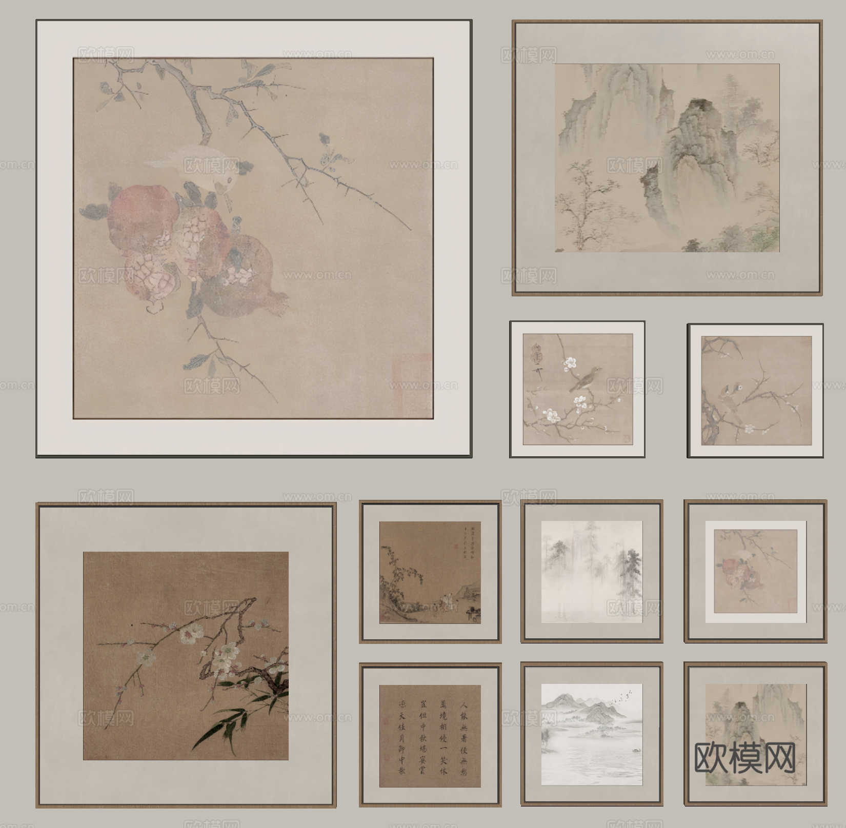 新中式挂画组合 装饰画 字画su模型