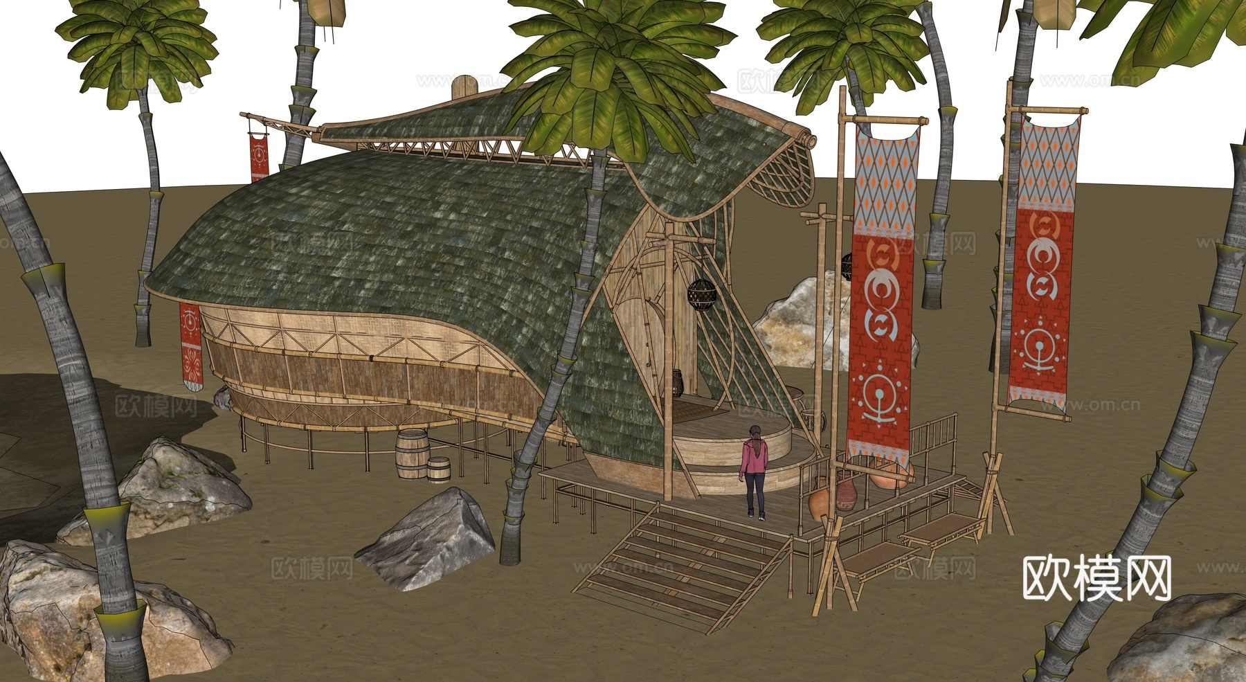 茅草屋 竹屋 木屋 树屋 海景打卡民宿 部落房屋su模型