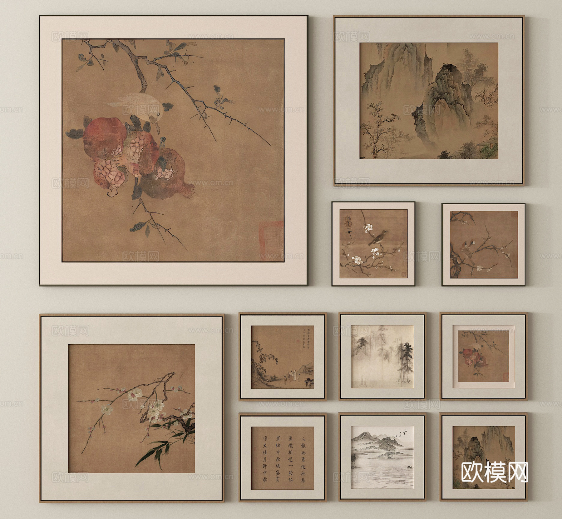 新中式挂画组合 装饰画 字画su模型