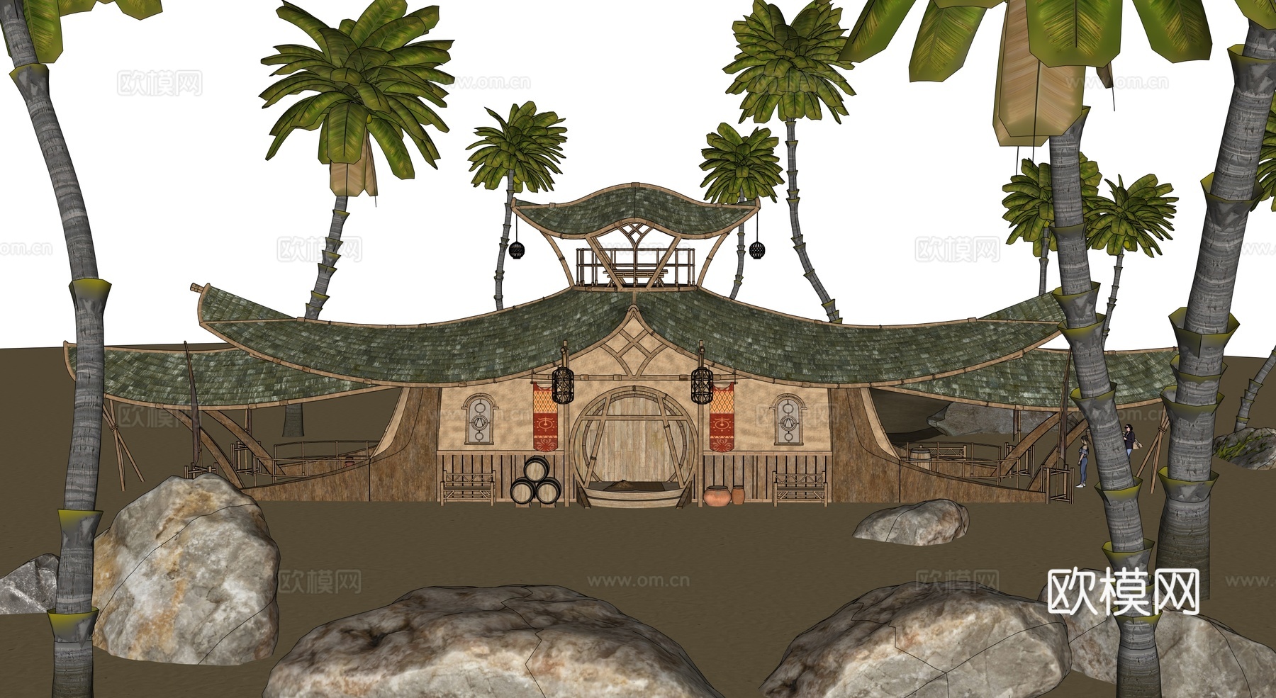 茅草屋 竹屋 木屋 树屋 海景打卡民宿 部落房屋su模型