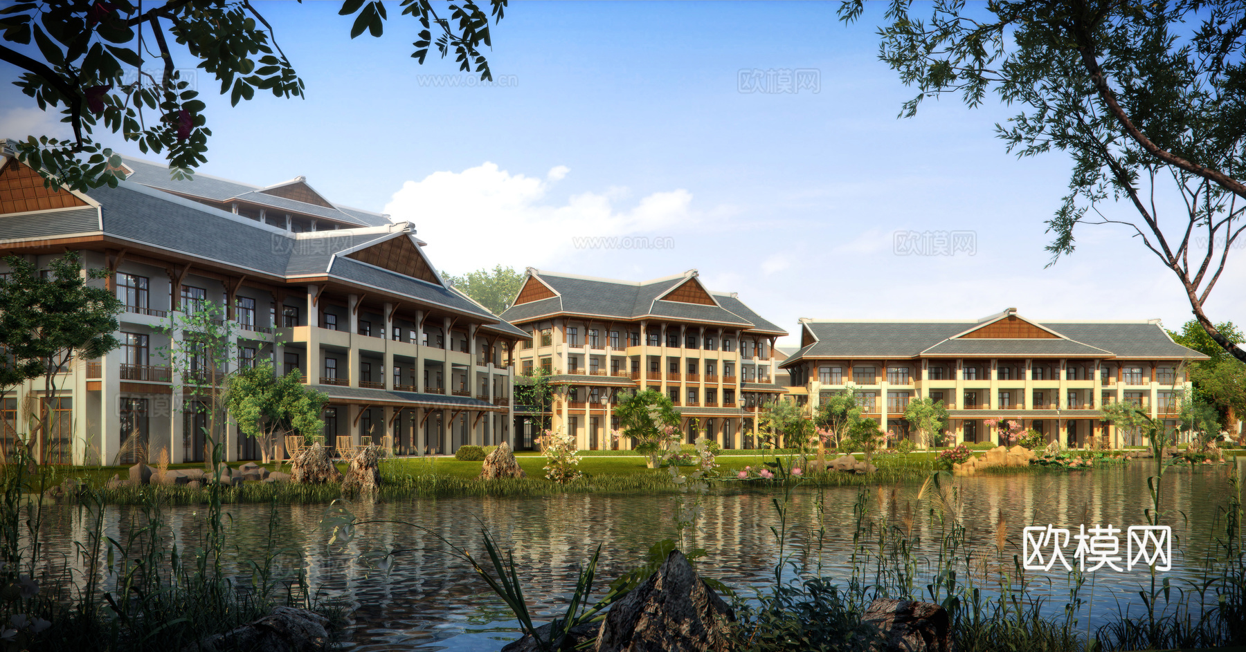 新中式度假山庄建筑外观3d模型下载