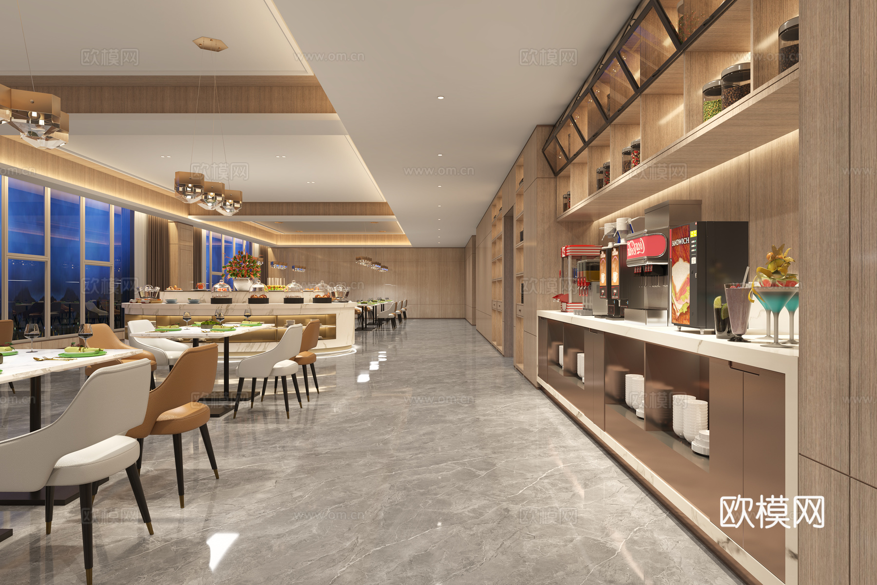现代自助餐厅 酒店自助餐厅 饮料机 中岛台 小料台3d模型下载（渲染图1）