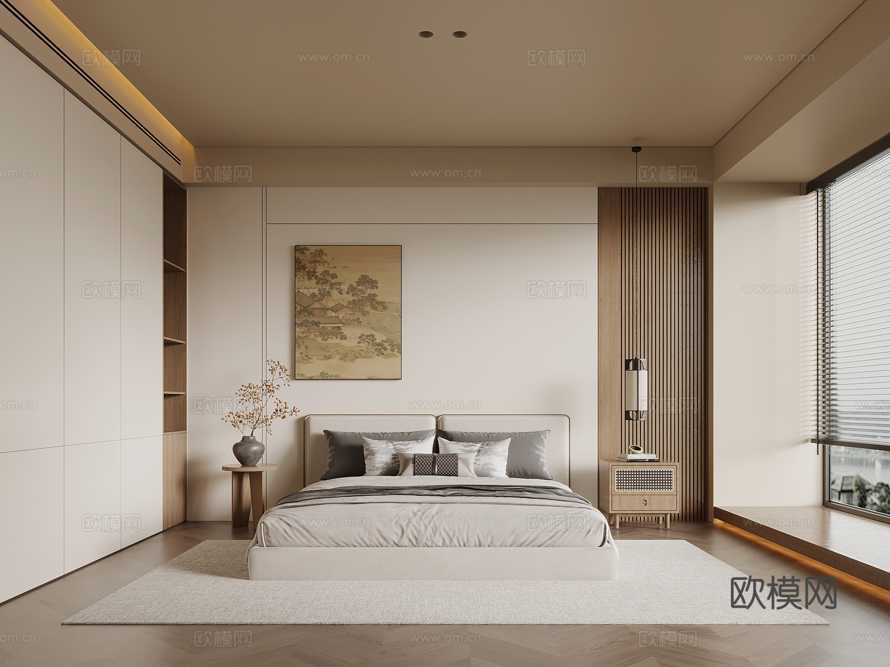 宋式卧室 主卧 双人床 床头柜 衣柜3d模型下载