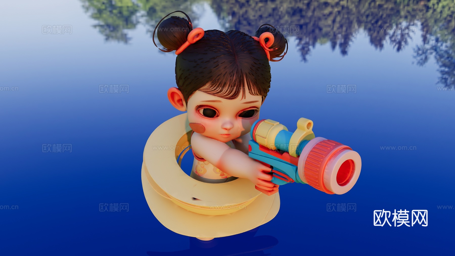 带游泳圈手拿挤水枪的小女孩su模型