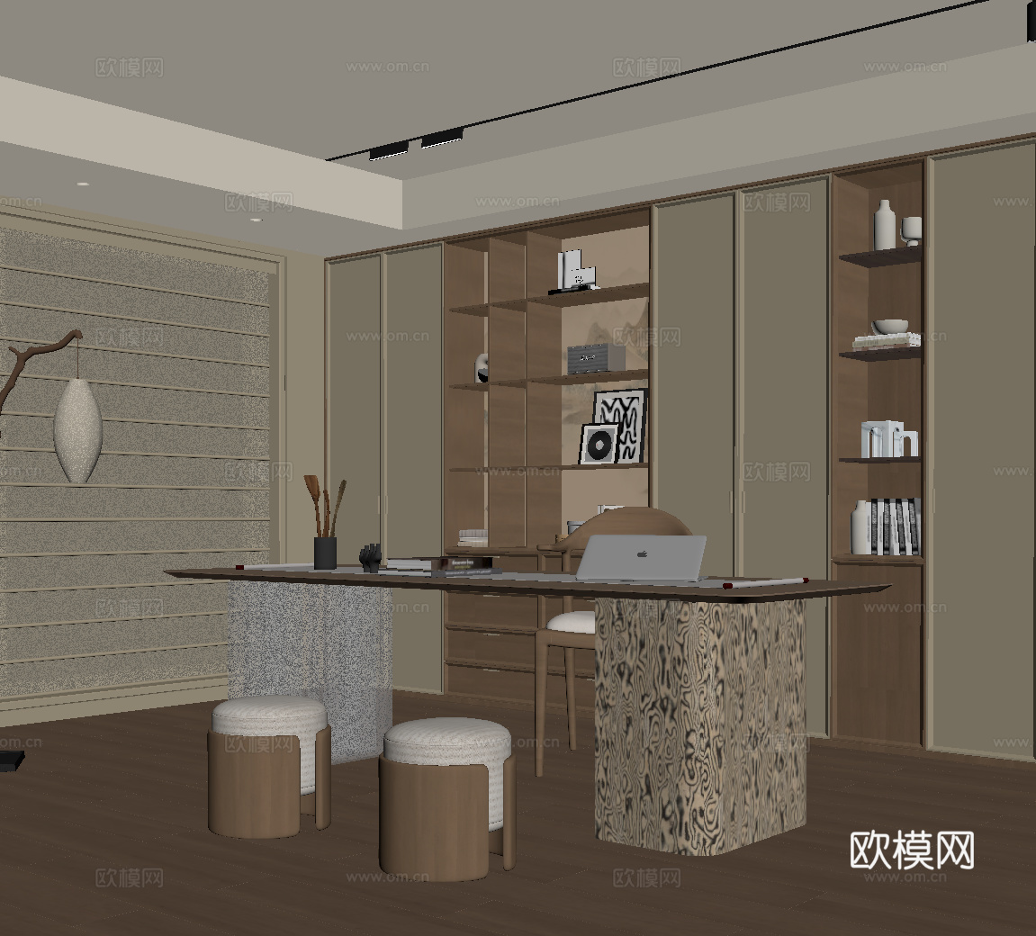 新中式书房 书柜 书桌椅su模型