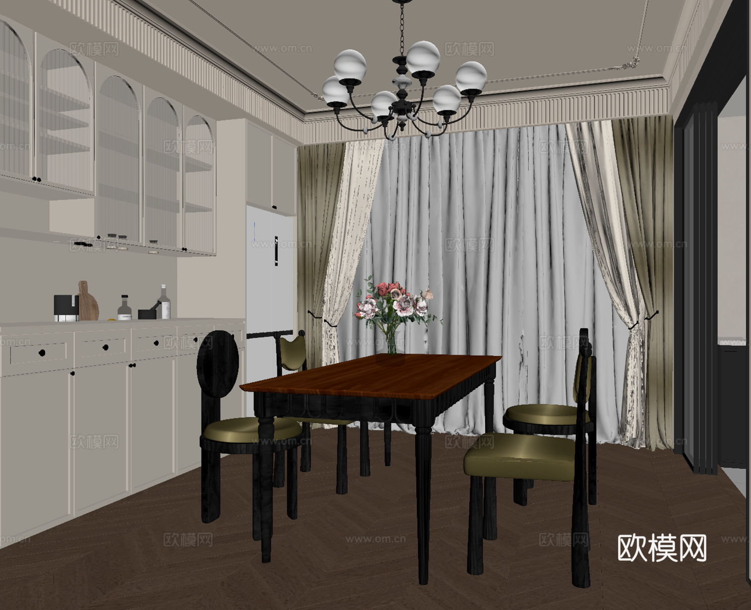 法式餐厅 酒柜  餐桌椅su模型