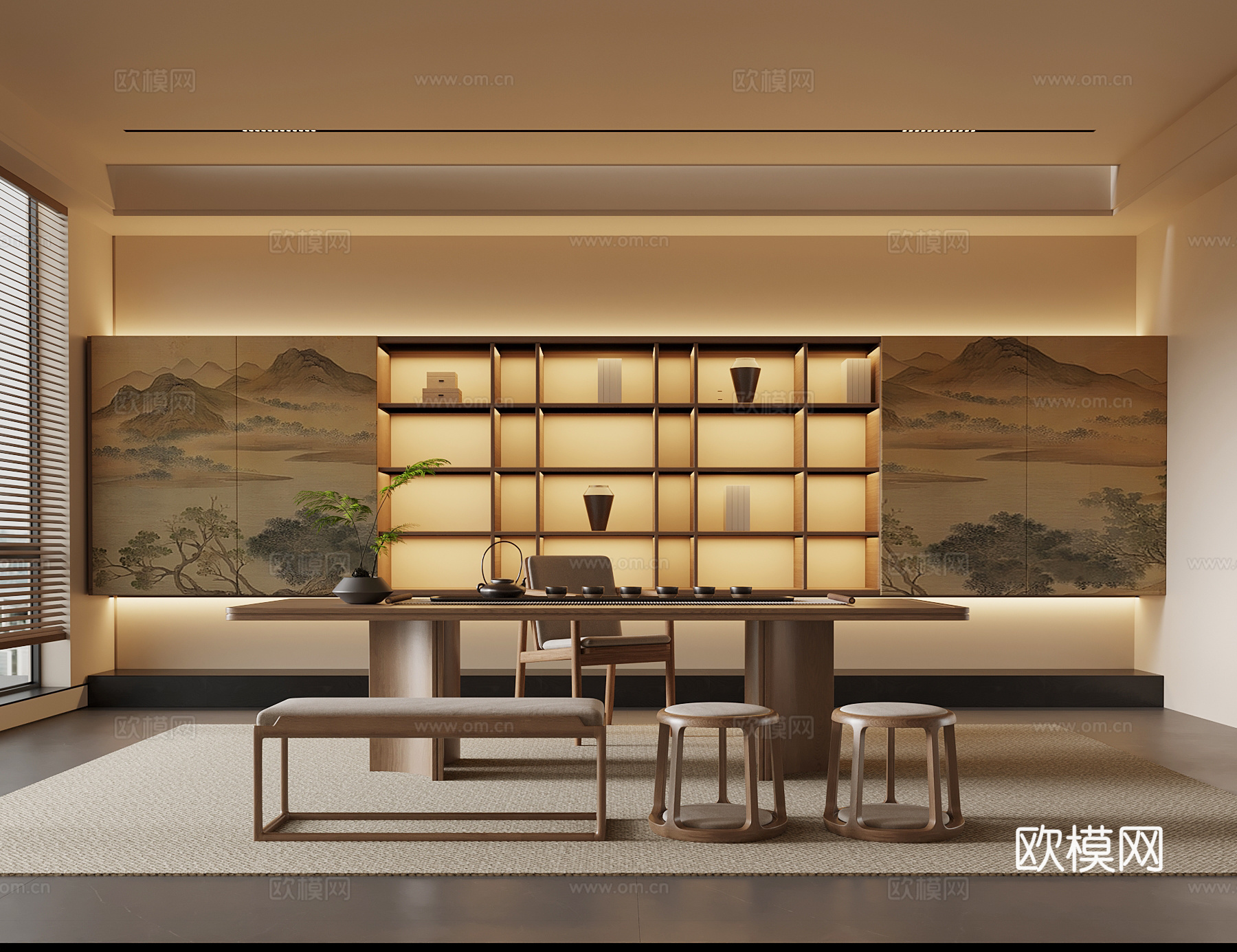 新中式茶室 茶桌椅su模型