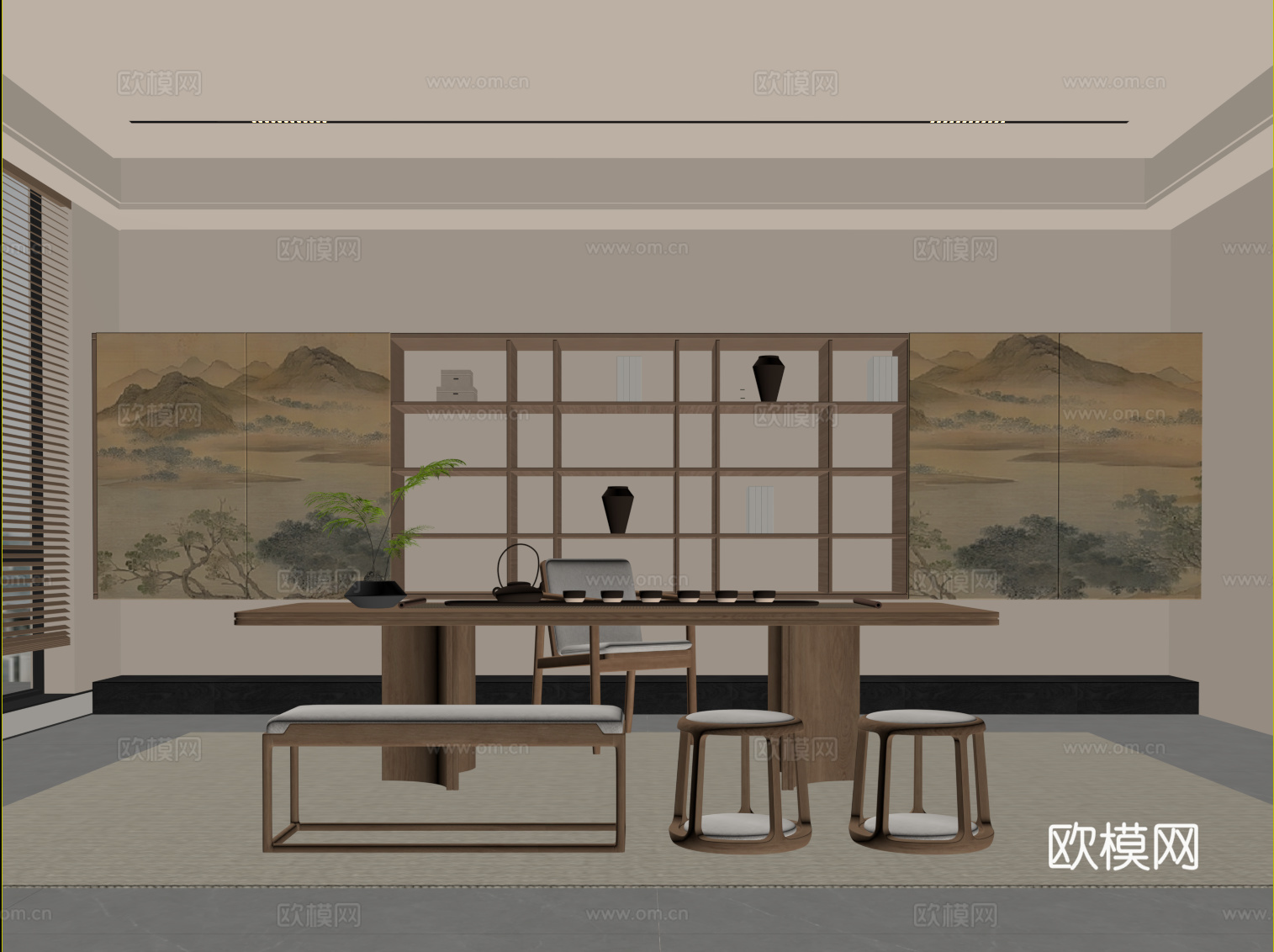 新中式茶室 茶桌椅su模型