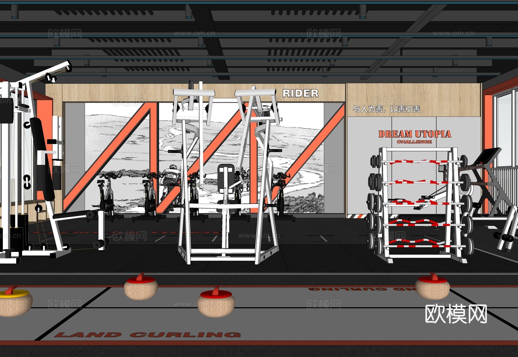 现代健身房  健身器材su模型