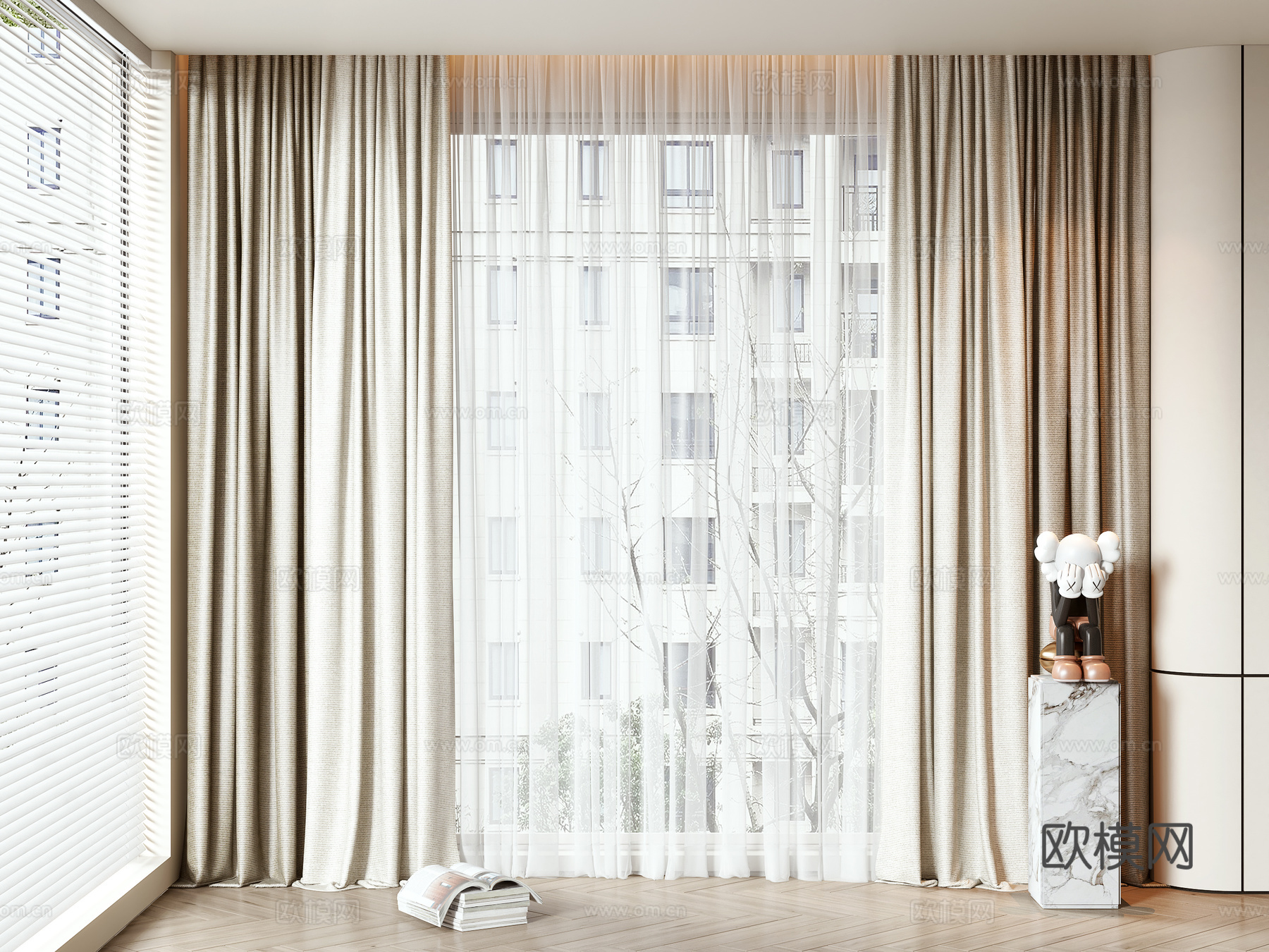 现代窗帘 盆栽 摆件 边几 雕塑 布艺窗帘3d模型下载