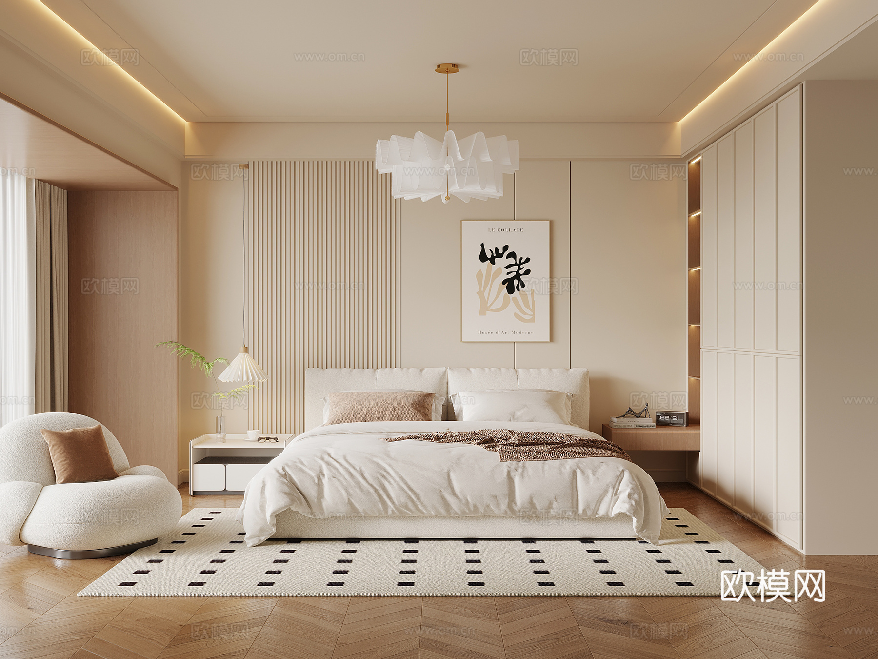 现代奶油风卧室 主卧 双人床 床头柜 衣柜3d模型下载