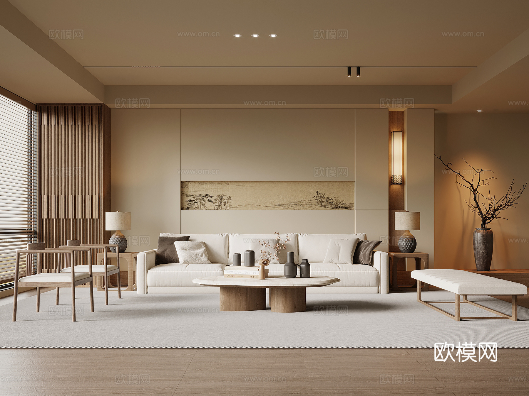 宋式风客厅 沙发背景墙 沙发茶几组合3d模型下载