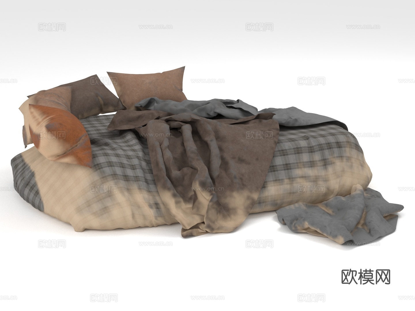 圆床 双人床 背景双人床 床铺 床垫3d模型下载（渲染图1）