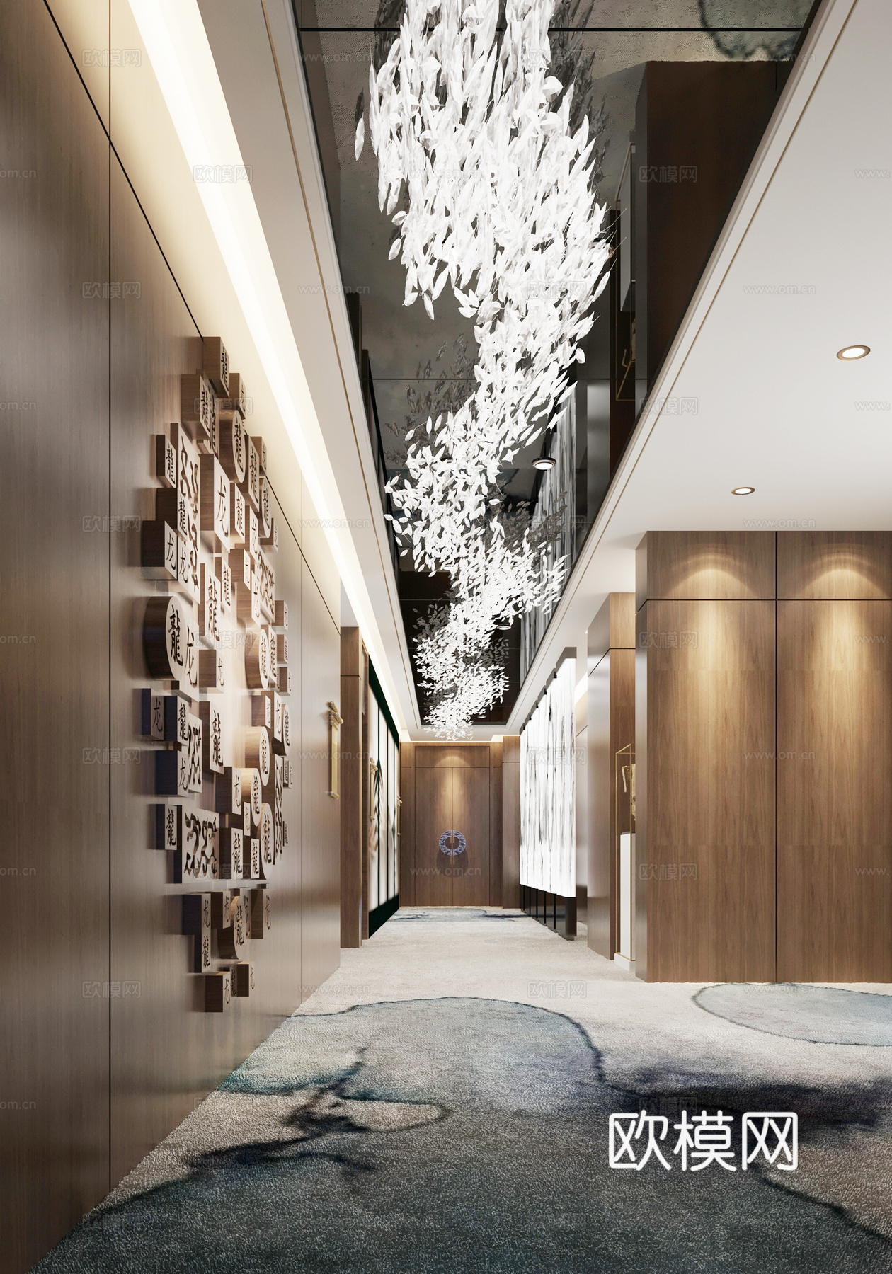 新中式一个公司的过道空间3d模型下载