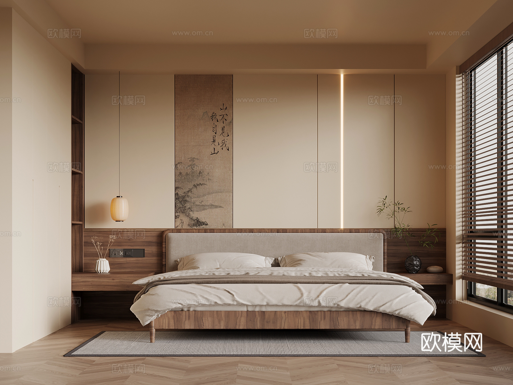 新中式卧室 双人床su模型