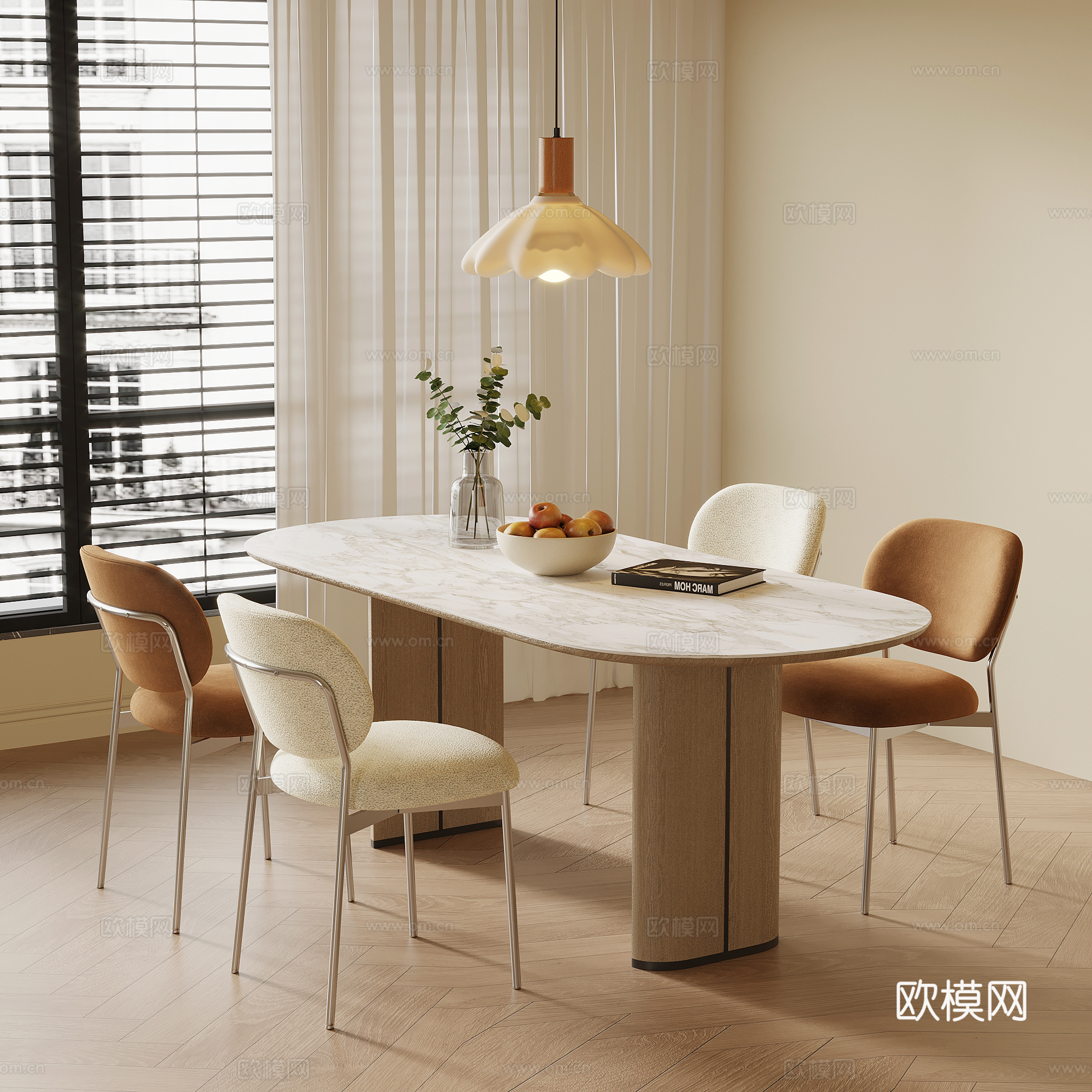 现代奶油风餐桌椅 休闲桌椅 餐厅吊灯3d模型