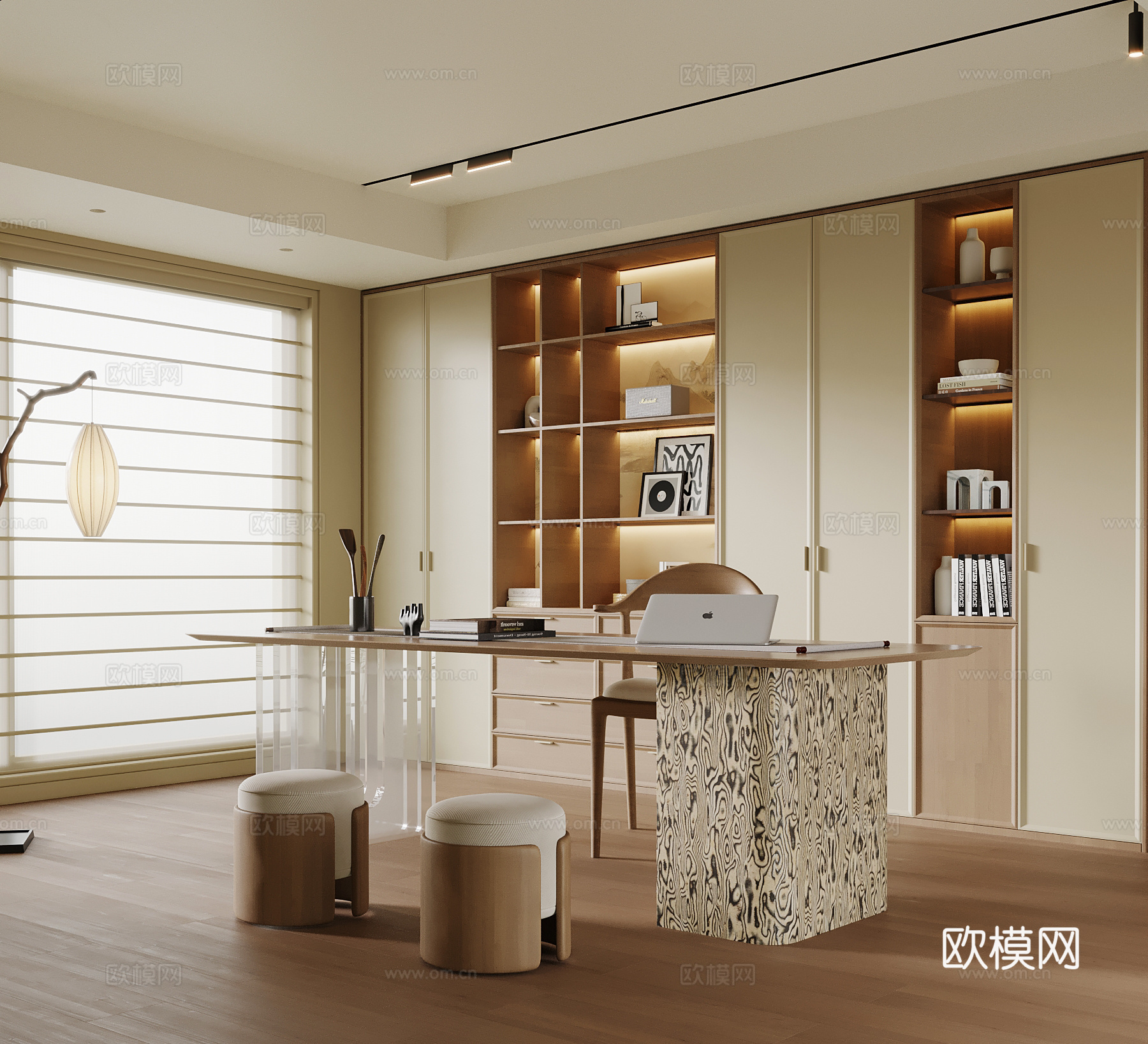 新中式书房 书柜 书桌椅3d模型下载