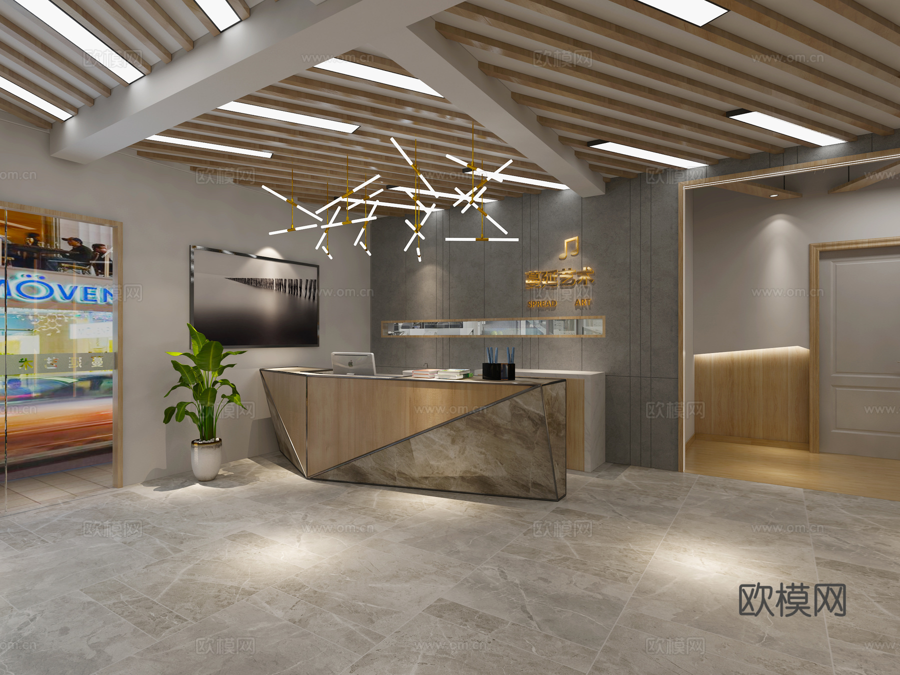 现代钢琴 演播厅 吊灯 过道3d模型下载（渲染图1）