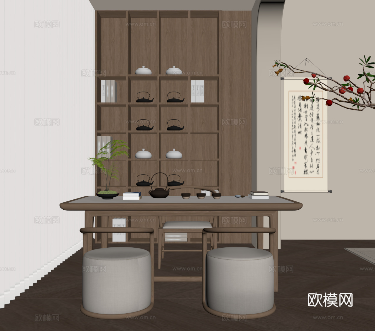 新中式茶桌椅 茶台 茶柜su模型