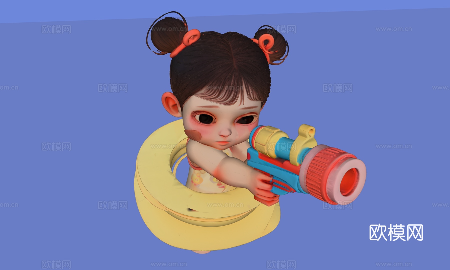 带游泳圈手拿挤水枪的小女孩su模型