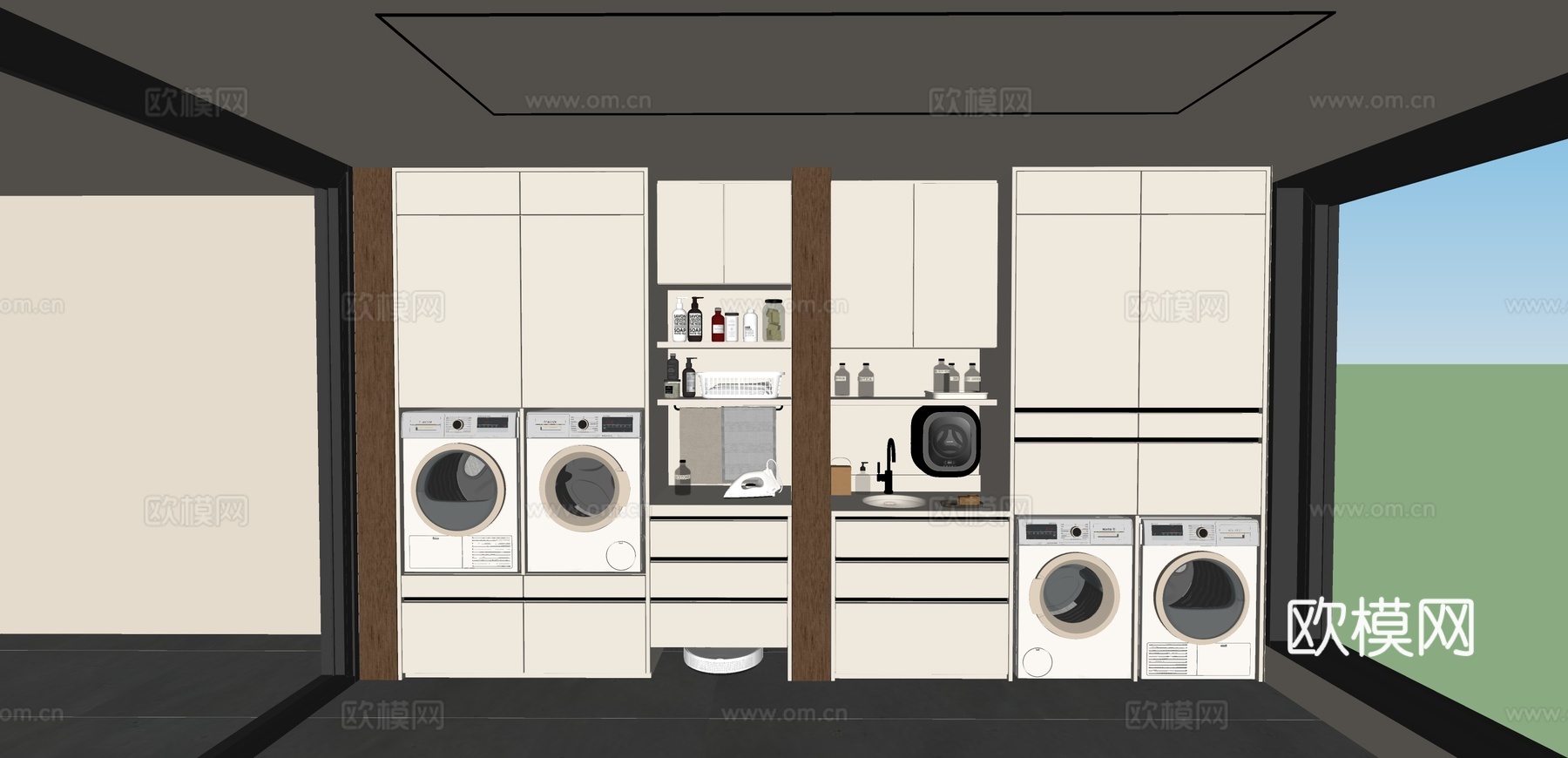 现代化洗衣房 智能洗衣房 嵌入式家电收纳墙su模型