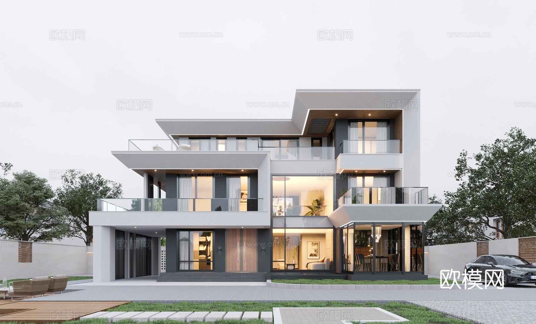 现代别墅建筑外观  现代三层别墅su模型