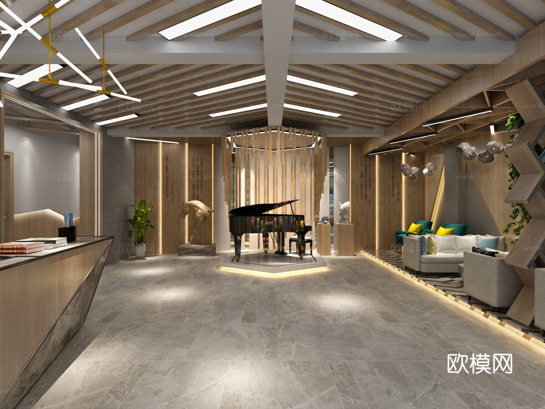 现代钢琴 演播厅 吊灯 过道3d模型下载（渲染图2）