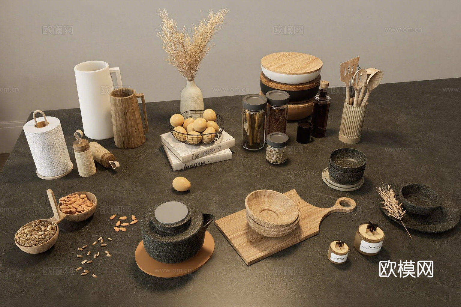北欧风厨房静物 木质餐具 干花装饰 食材容器 木质食器su模型