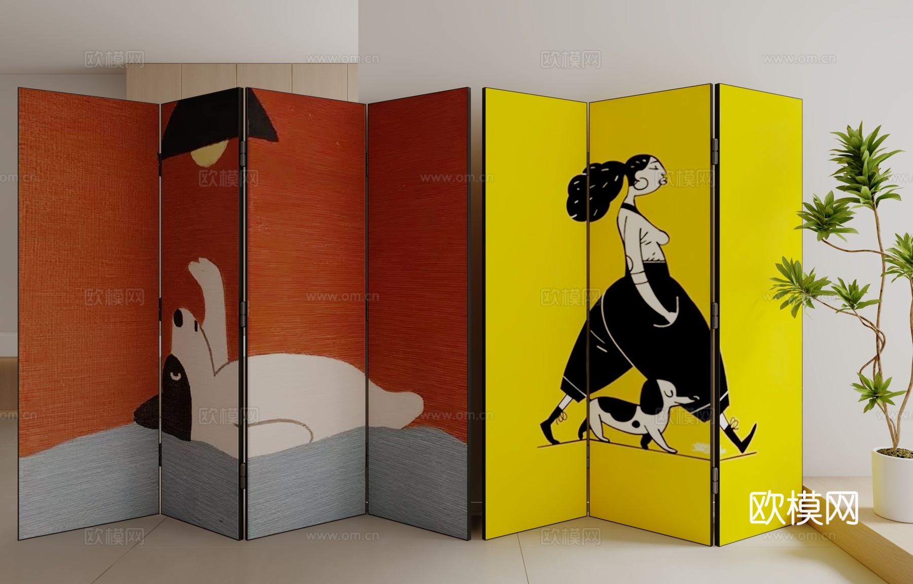 现代中古风屏风3d模型下载