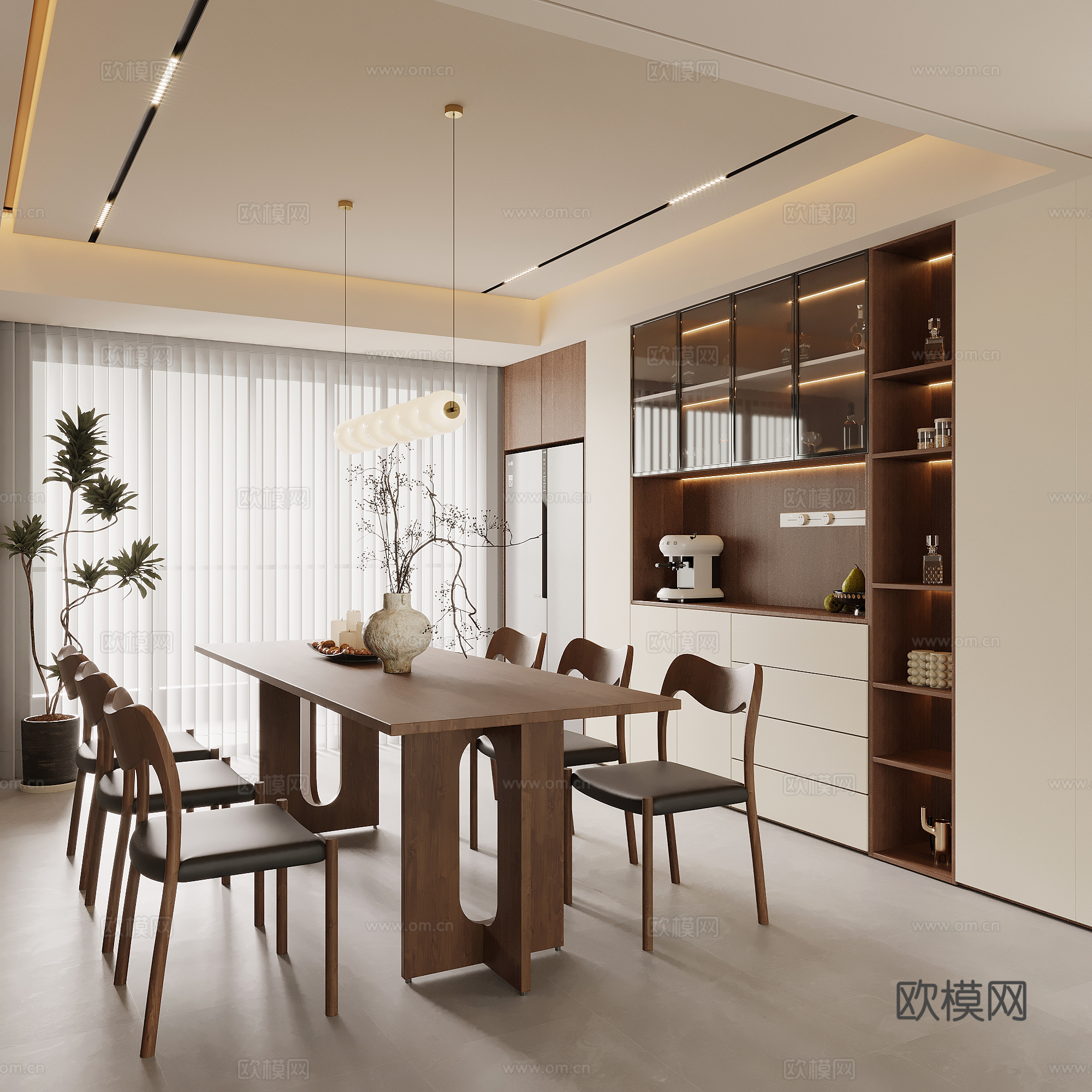 中古风餐厅 餐桌椅 酒柜 餐边柜su模型
