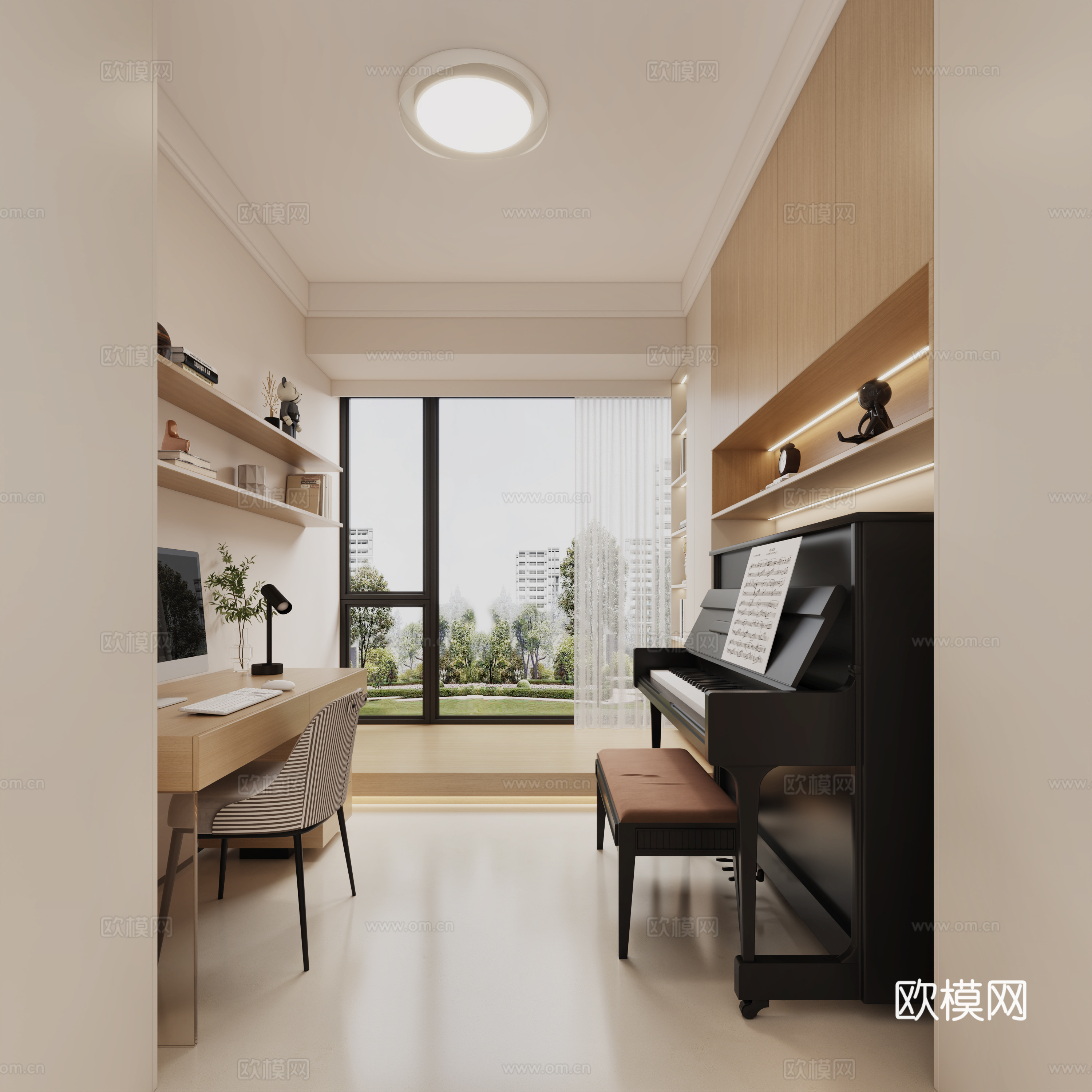 现代原木风书房 原木风书桌 钢琴3d模型下载