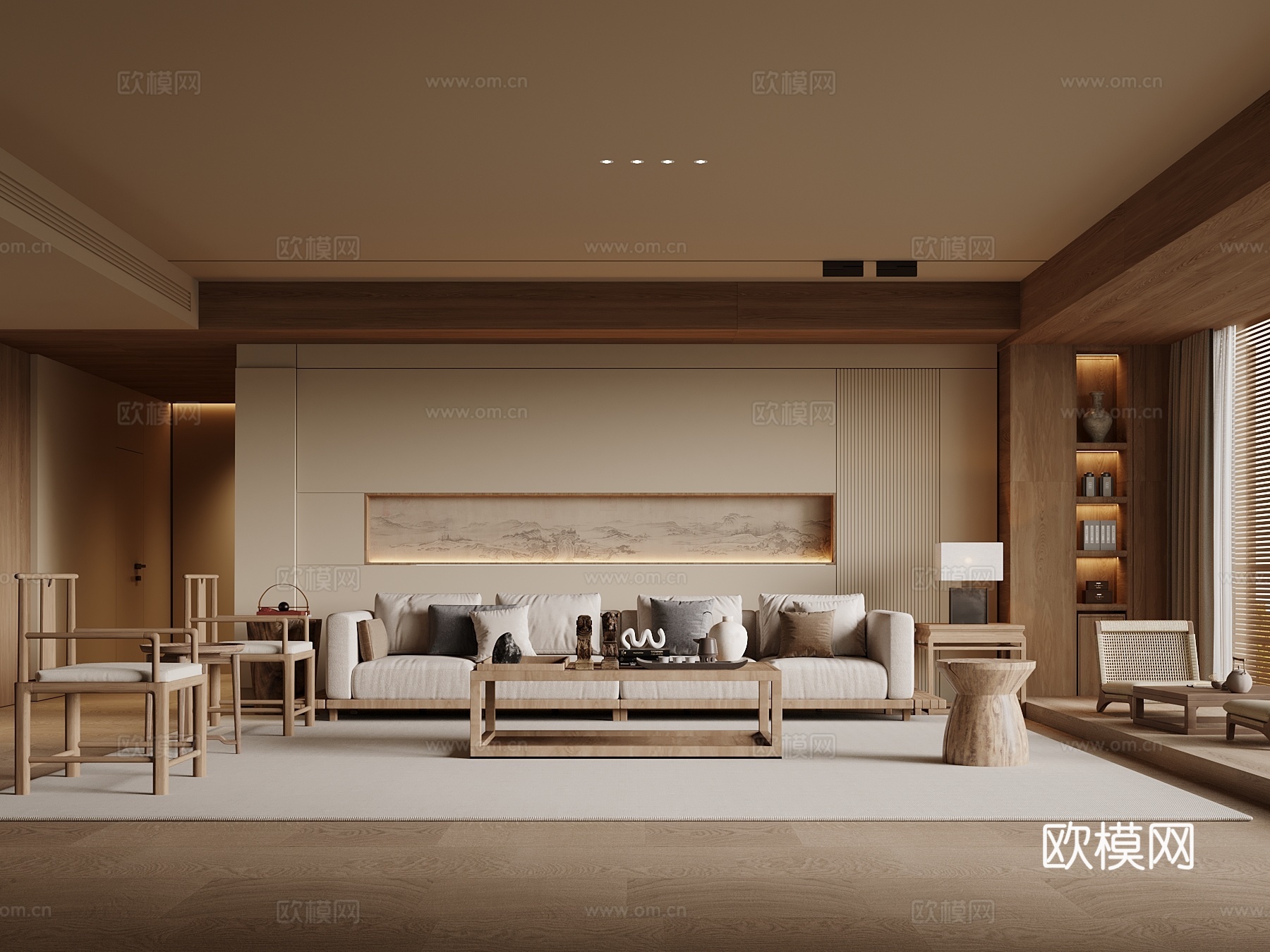 新中式客厅 沙发 茶几组合su模型