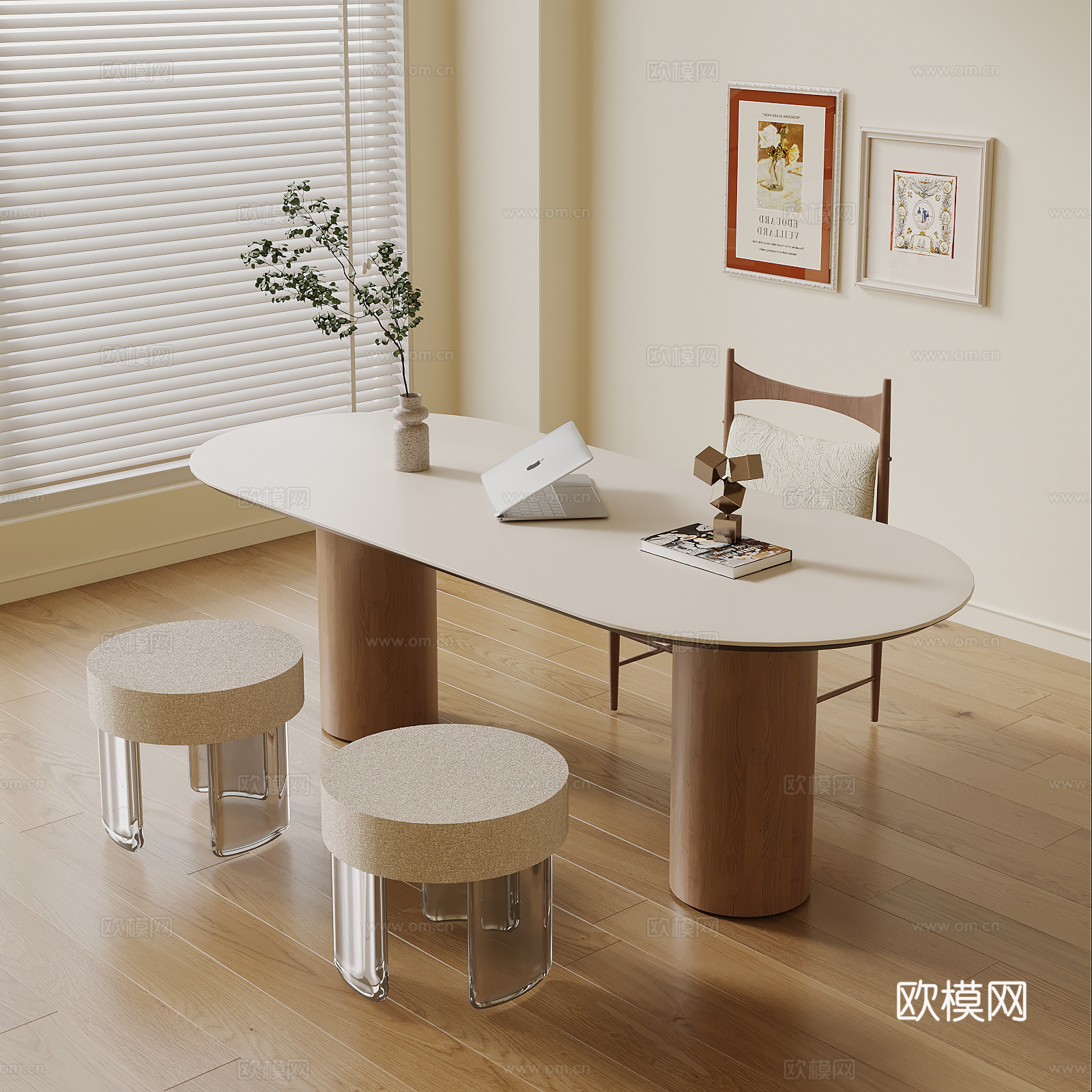 现代奶油风书桌su模型