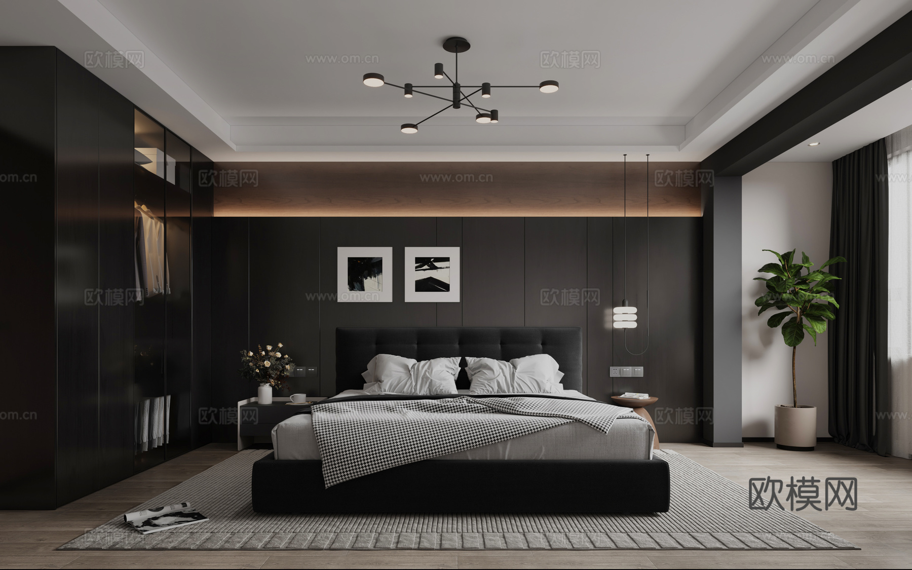 暗黑风卧室 暗黑风床头背景 暗黑风床 暗黑风吊灯 暗黑风衣柜3d模型下载