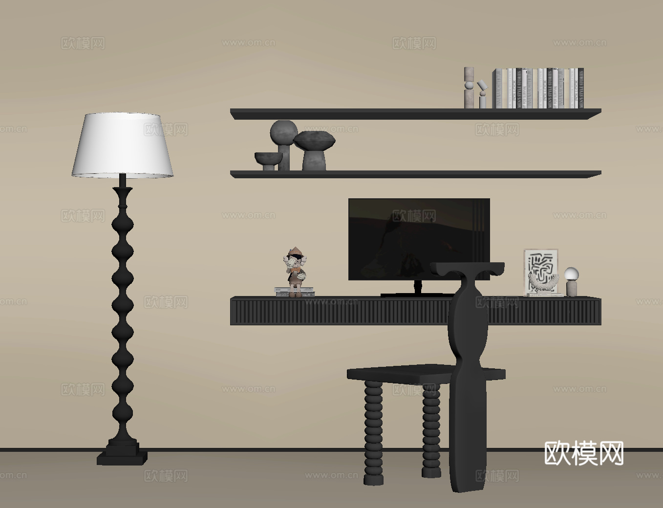 现代书桌椅 书柜 落地灯su模型