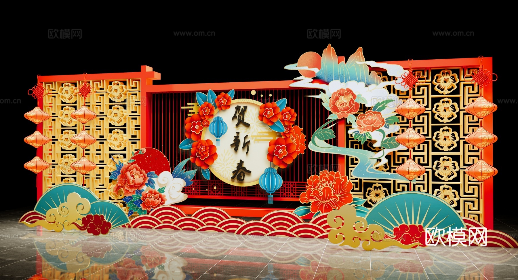 新中式 美陈 元宵节美陈 传统红灯笼 国潮美陈 春节新年美陈su模型