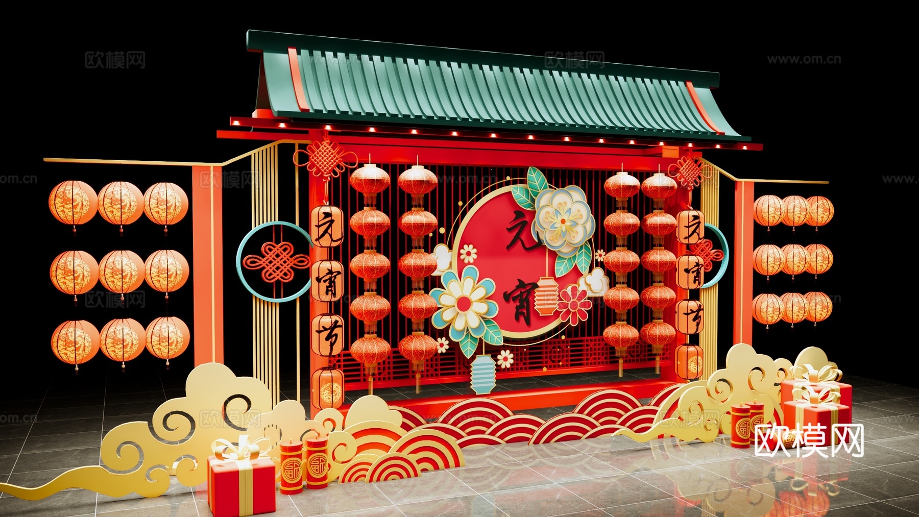 新中式 美陈 元宵节美陈 传统红灯笼 国潮美陈 春节新年美陈su模型