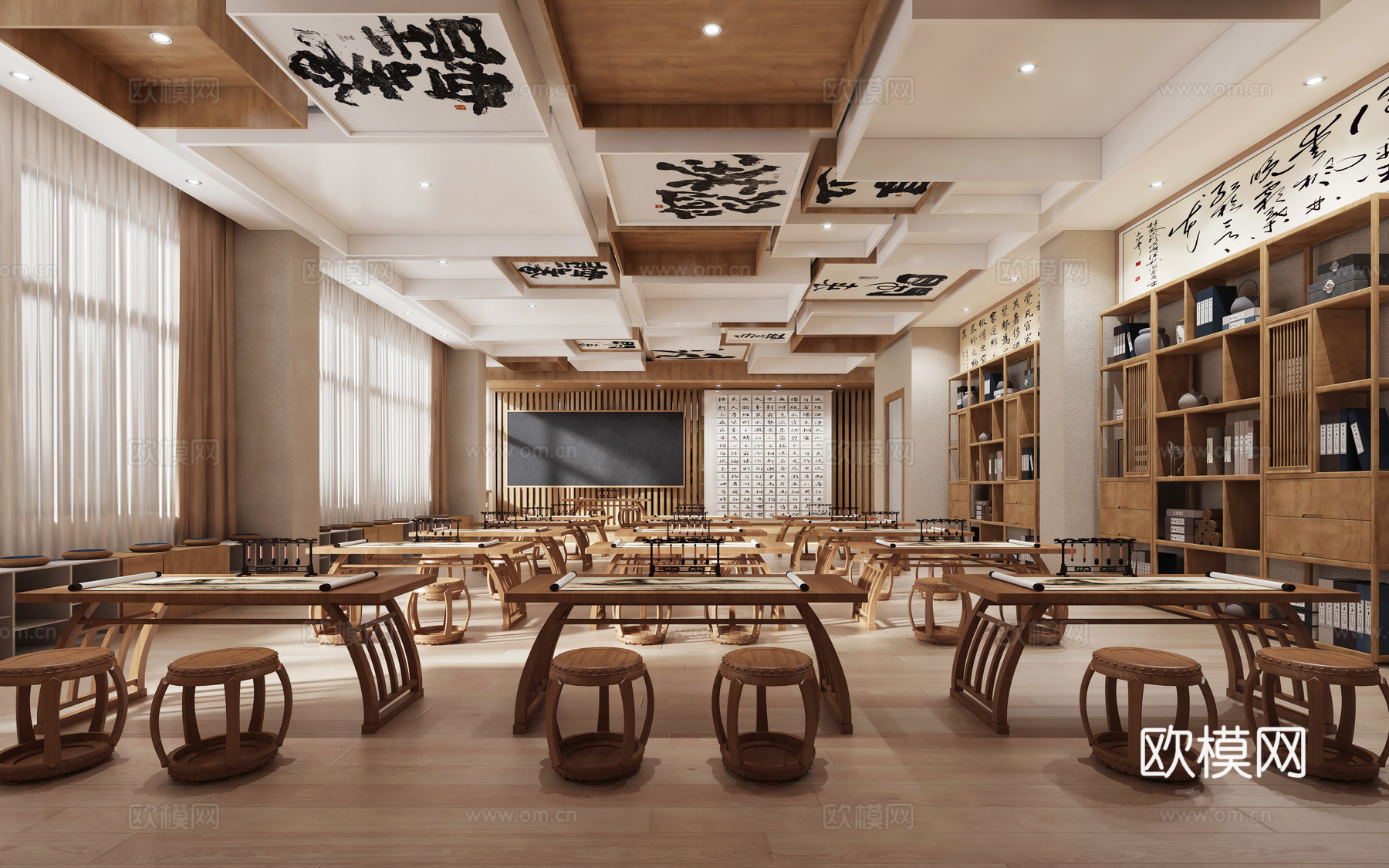 新中式书法教室 学校教室书法教室 书法培训教室 毛笔笔架3d模型下载