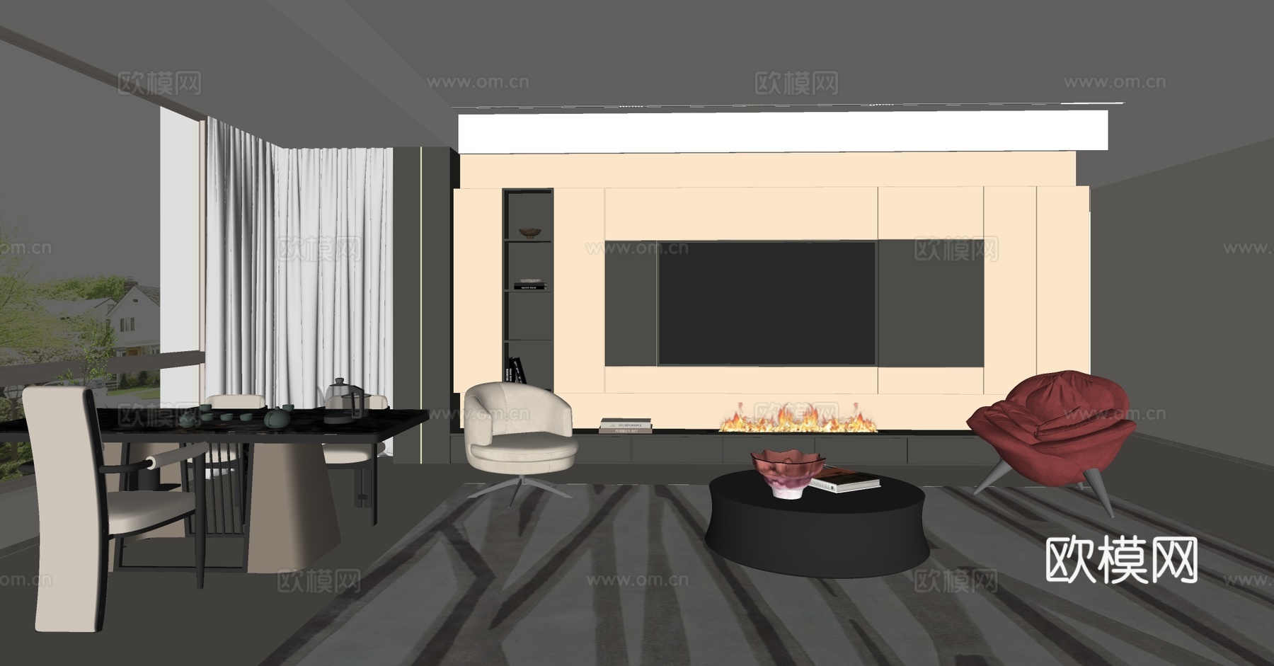 现代意式客厅 电视背景墙 客厅休闲椅 木饰面背景墙 休闲椅su模型