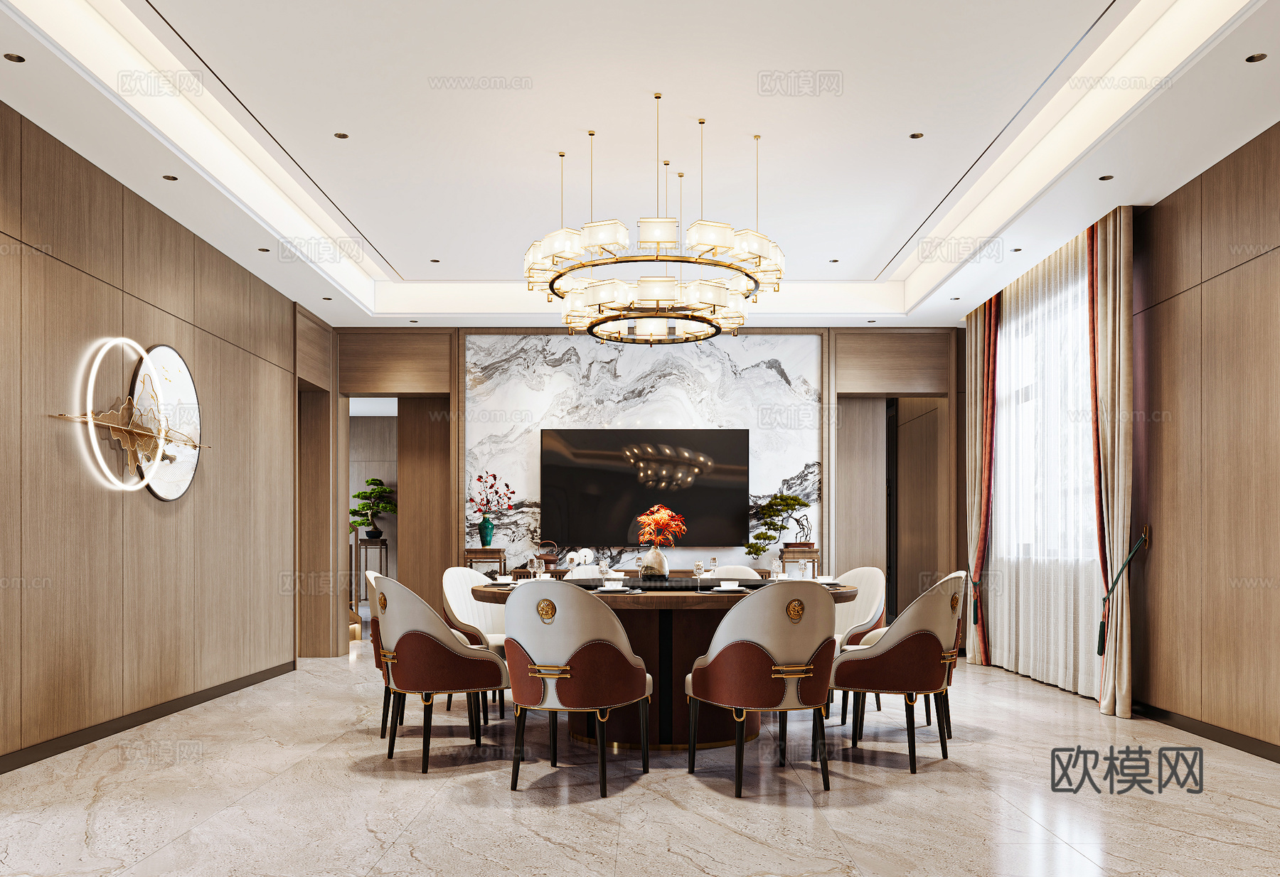 新中式餐厅 新中式餐桌椅 新中式墙饰 新中式吊灯 大理石背景su模型