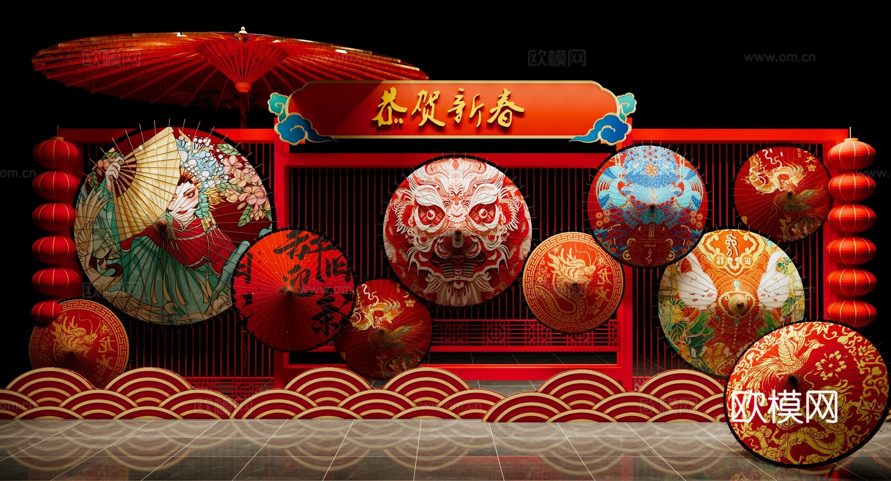 中式 美陈 元宵节美陈 国潮美陈 春节新年美陈 油纸伞美陈su模型