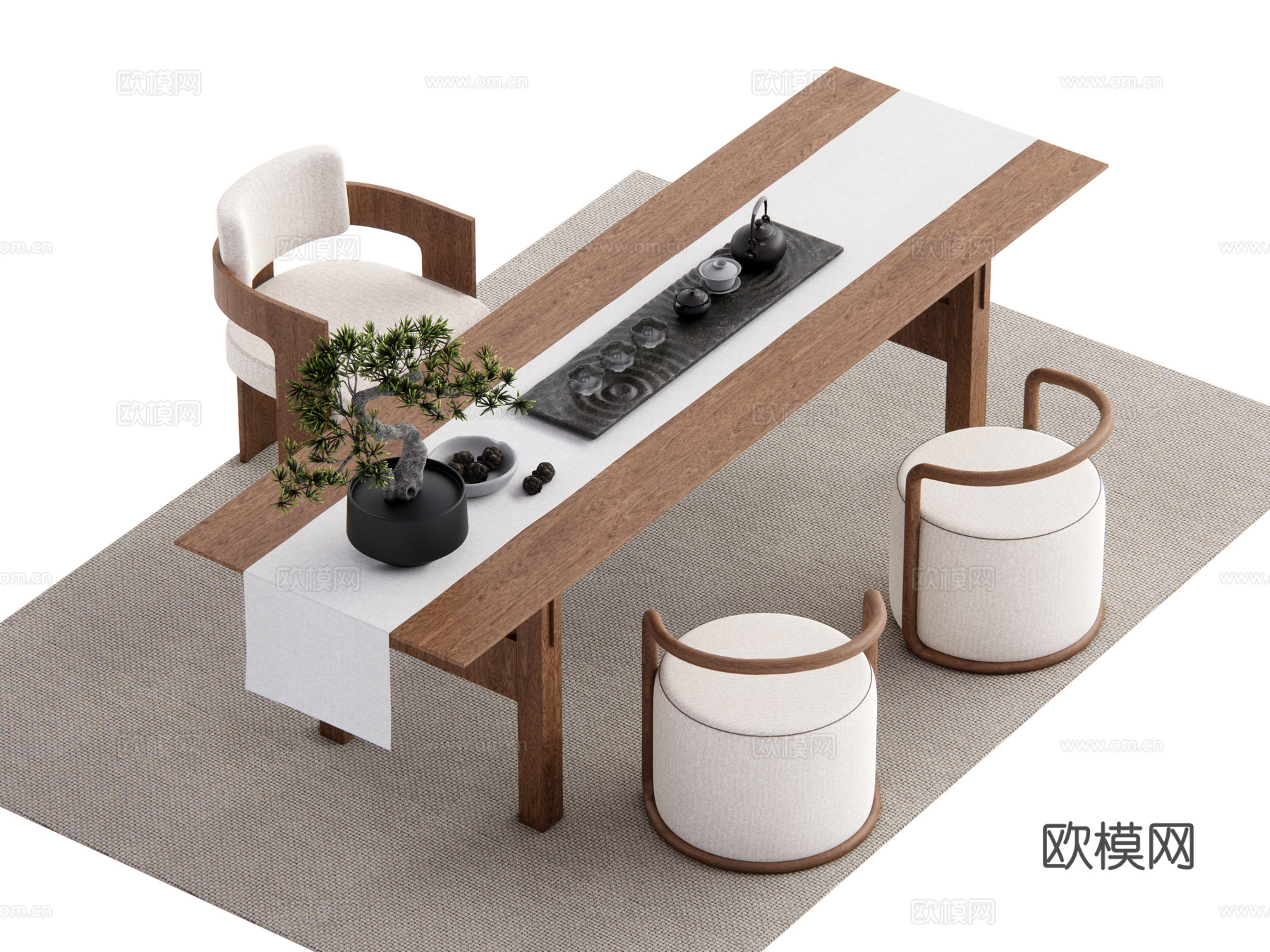 新中式茶台 茶桌椅su模型