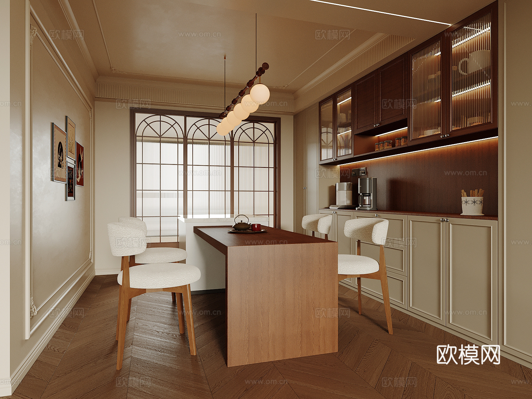 中古风餐厅 酒柜 餐桌椅 岛台3d模型下载