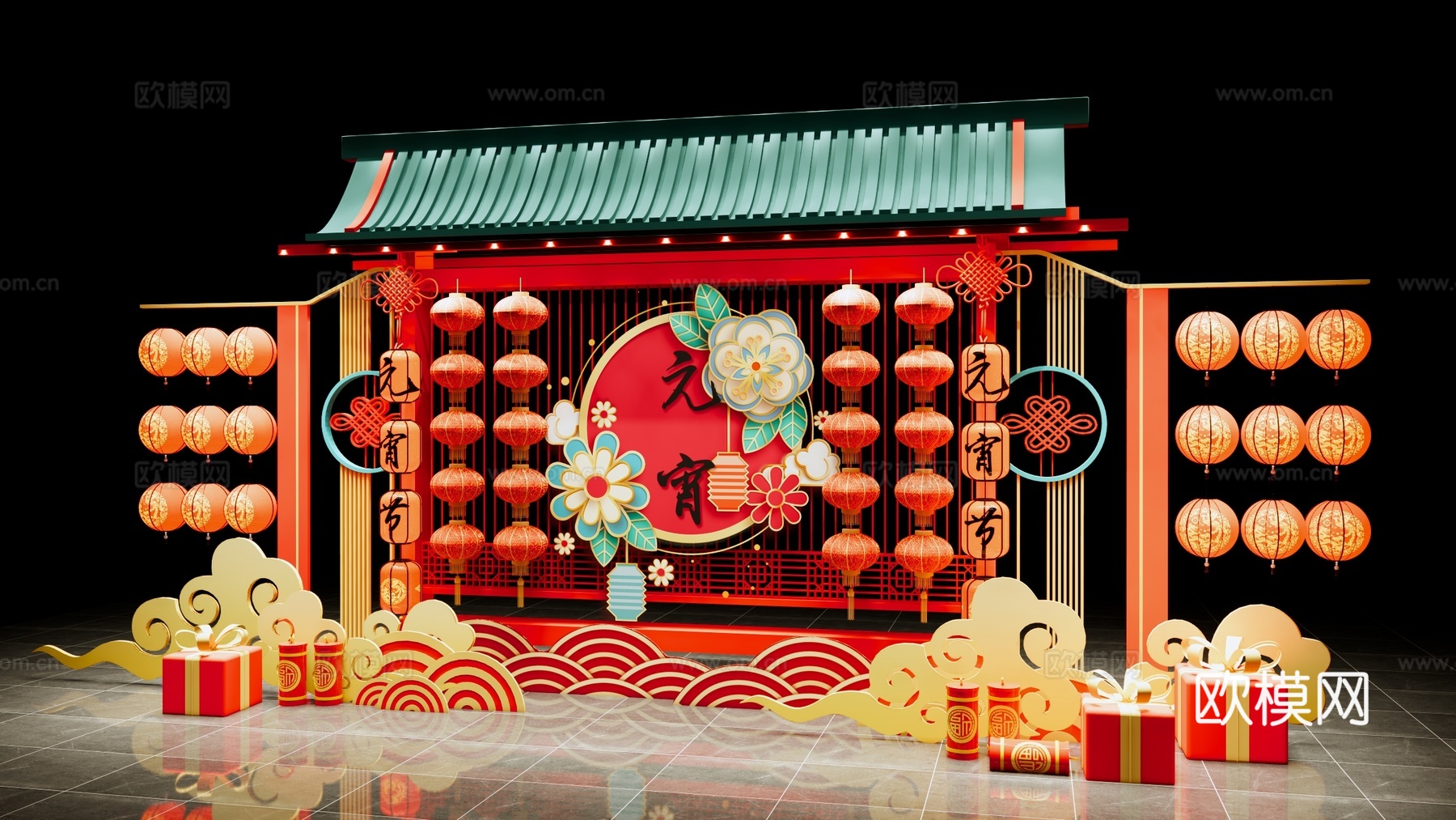 新中式 美陈 元宵节美陈 传统红灯笼 国潮美陈 春节新年美陈su模型