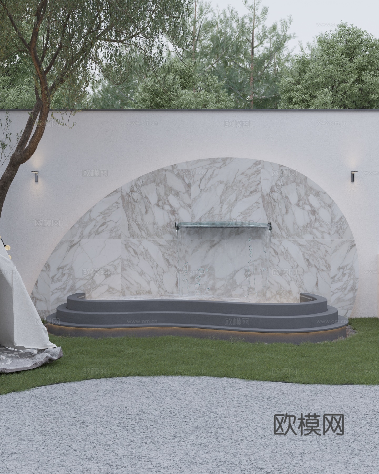 现代庭院景观 弧形水景造型 曲面景墙 异形水景池组合3d模型下载