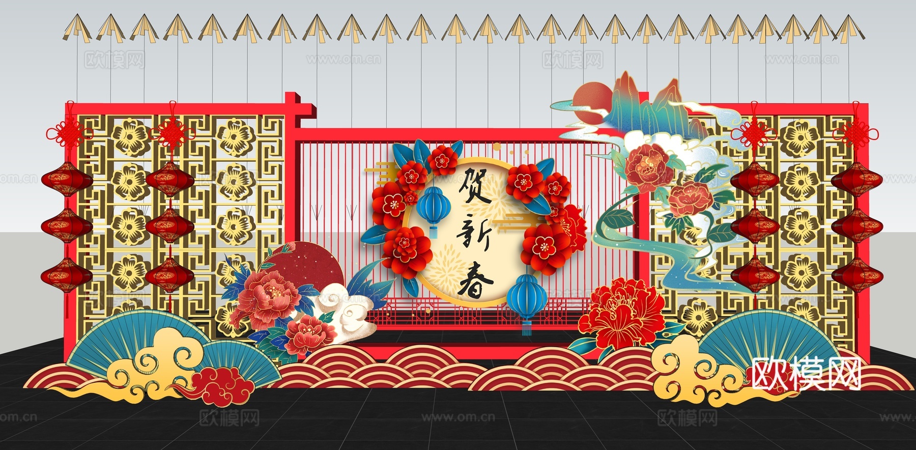 新中式 美陈 元宵节美陈 传统红灯笼 国潮美陈 春节新年美陈su模型