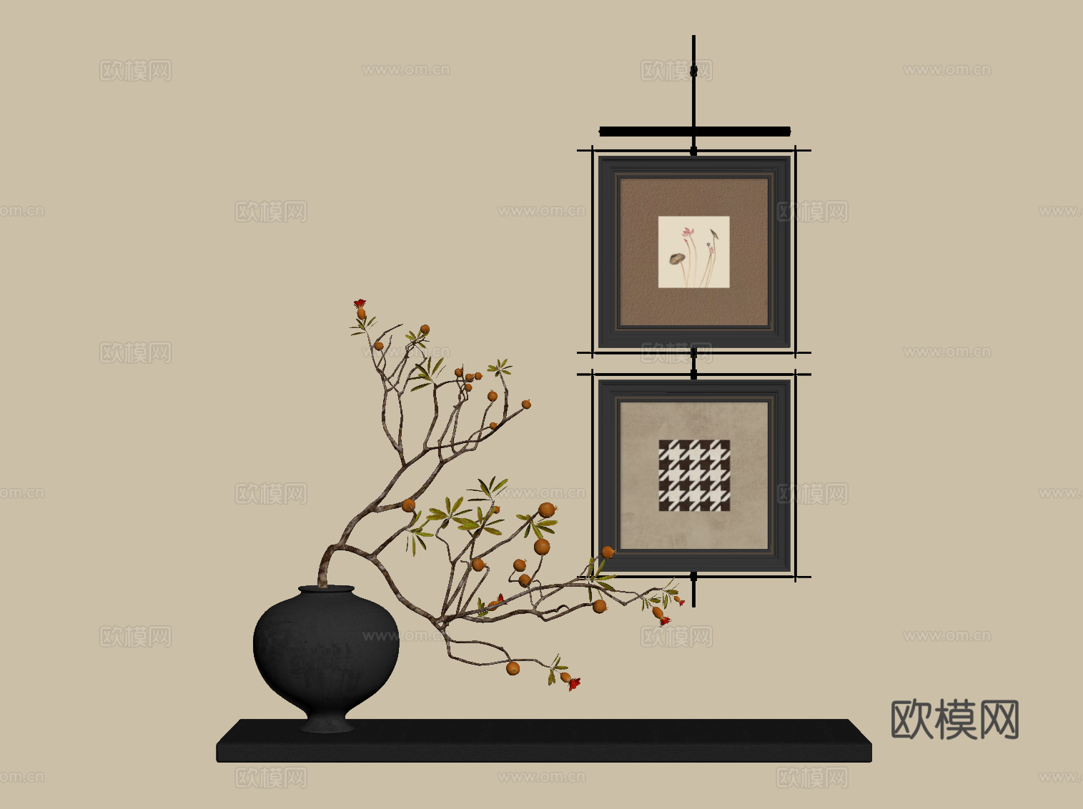法式复古挂画 花艺 花瓶su模型