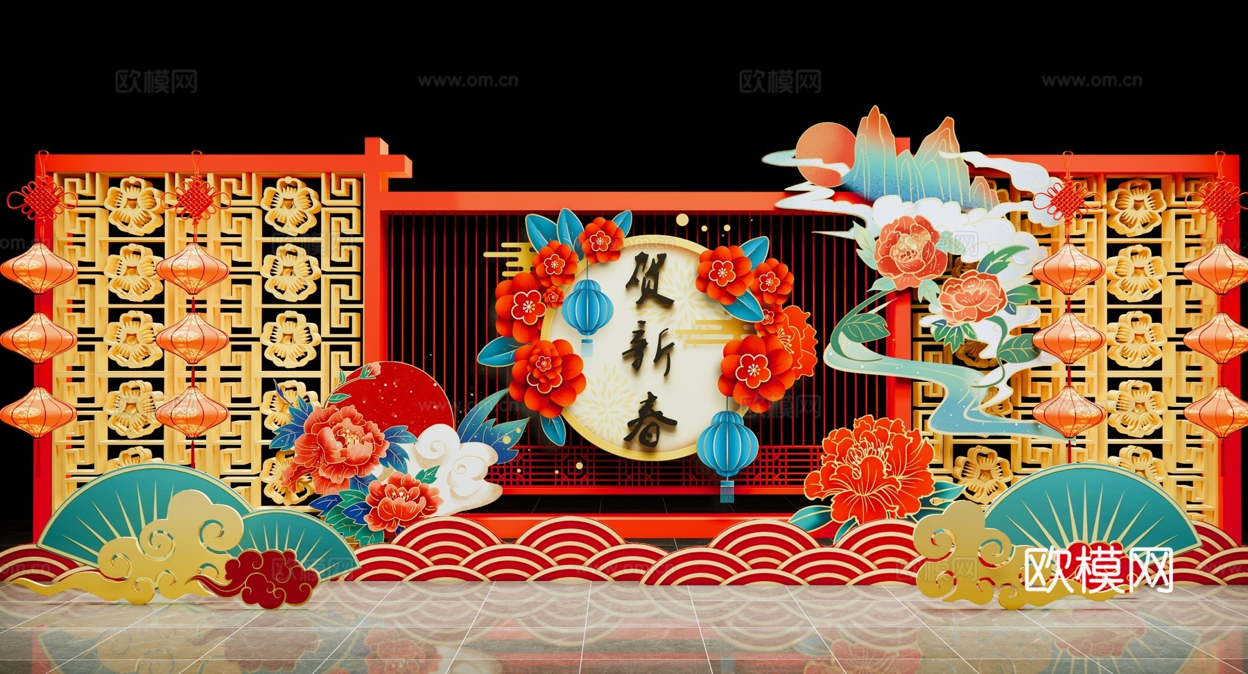 新中式 美陈 元宵节美陈 传统红灯笼 国潮美陈 春节新年美陈su模型